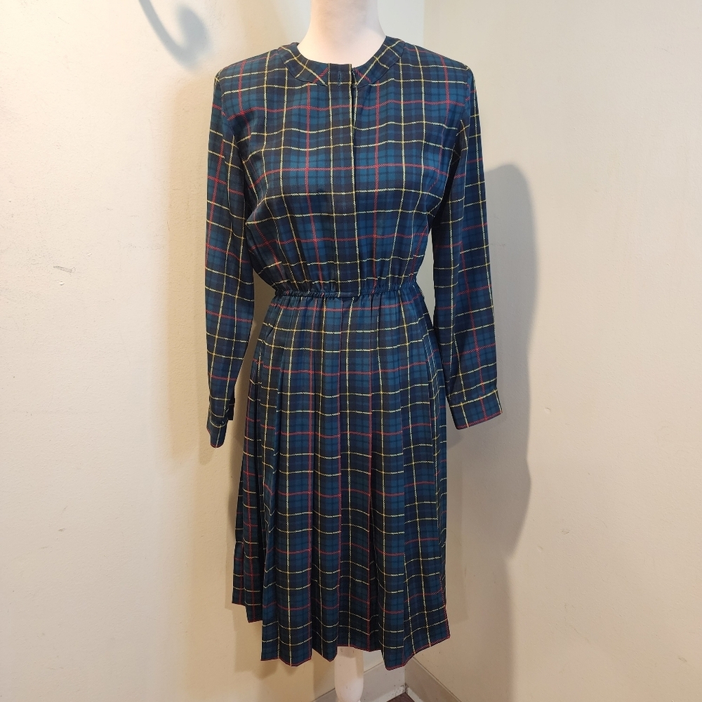 TALBOTS Vintage Silki Satin Plaid Long-Sleeve Midi Dress in Navy and Green Sz 6